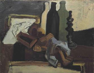 "Natura morta con bottiglia nera e verde"  1940-42  olio, 70x54